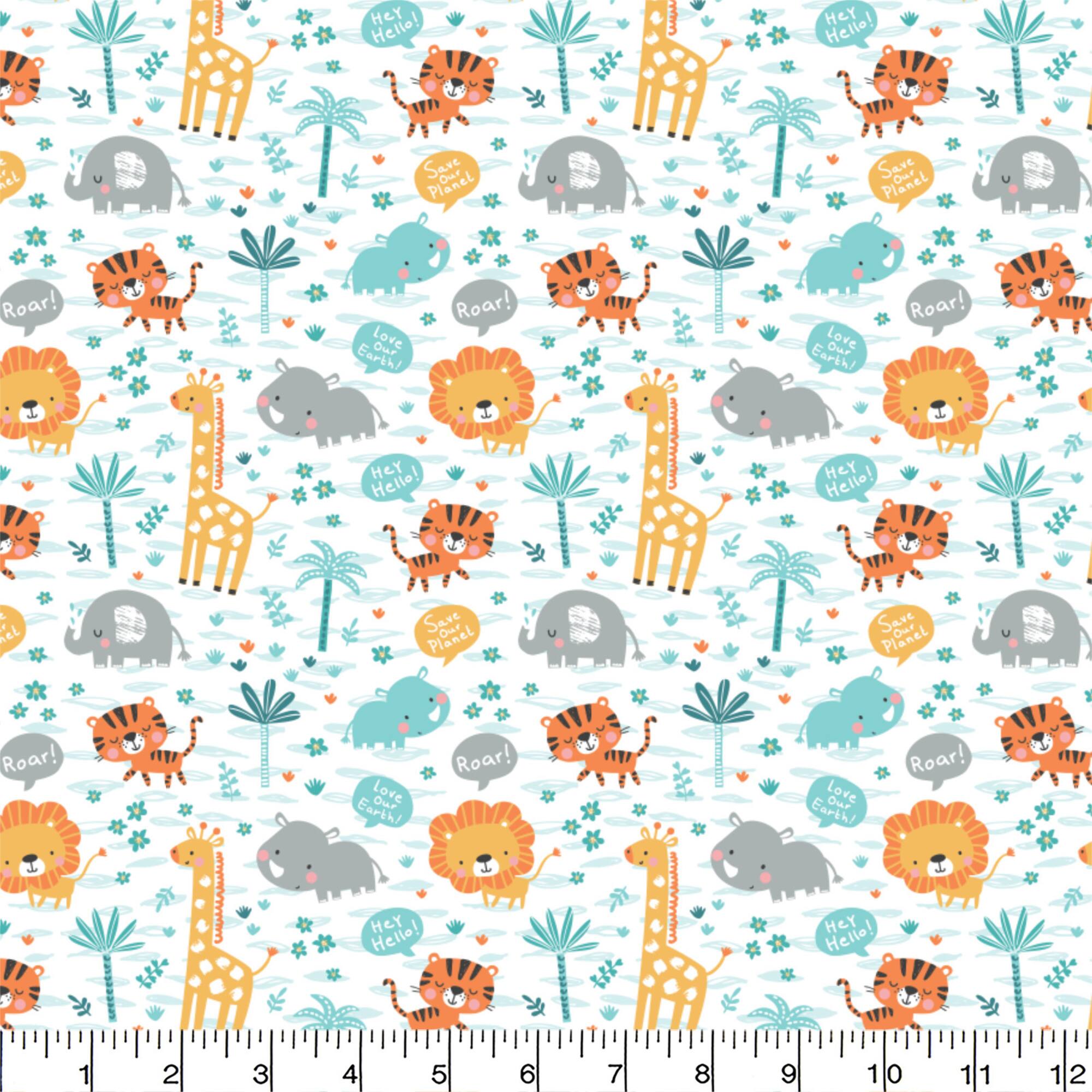 Eugene Textiles White Zoo Animals Flannel